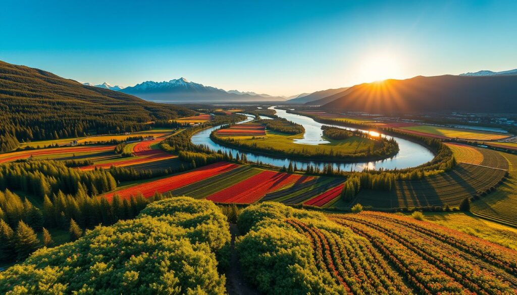 A breathtaking aerial view of a diverse landscape showcasing the harmonious balance of natural elements. In the foreground, a lush green forest gives way to vibrant fields of wildflowers, meticulously arranged in colorful rows. The middle ground features a serene river winding through the landscape, its reflective surface catching the warm golden hues of a setting sun. In the background, snow-capped mountains rise majestically against a clear blue sky. The composition should emphasize symmetry and balance, highlighting the interplay between water, land, and sky. Utilize soft, warm lighting to create a tranquil atmosphere, aiming for a wide-angle perspective to capture the full beauty of this idyllic landscape, with no humans or distractions in sight.