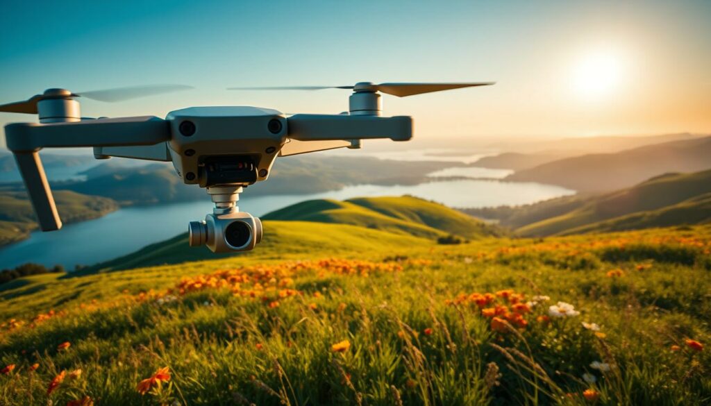 A breathtaking aerial view showcasing a drone capturing ultra-smooth footage over a lush green landscape. In the foreground, the drone is elegantly positioned, highlighting its advanced 3-axis gimbal system, glinting under the soft golden hour sunlight. The middle ground features rolling hills adorned with vibrant wildflowers, while a serene lake reflects the sky, enhancing the scene's tranquility. In the background, distant mountains create a majestic horizon under a clear blue sky. The image captures a dynamic but peaceful atmosphere, emphasizing the technical precision of aerial cinematography. Use a wide-angle lens perspective, ensuring a fluid sense of motion, with balanced natural lighting that enhances the colors of the environment. A breathtaking aerial view showcasing a drone capturing ultra-smooth footage over a lush green landscape. In the foreground, the drone is elegantly positioned, highlighting its advanced 3-axis gimbal system, glinting under the soft golden hour sunlight. The middle ground features rolling hills adorned with vibrant wildflowers, while a serene lake reflects the sky, enhancing the scene's tranquility. In the background, distant mountains create a majestic horizon under a clear blue sky. The image captures a dynamic but peaceful atmosphere, emphasizing the technical precision of aerial cinematography. Use a wide-angle lens perspective, ensuring a fluid sense of motion, with balanced natural lighting that enhances the colors of the environment.