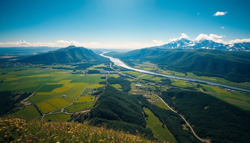 A breathtaking aerial view showcasing diverse landscapes from a significant altitude. In the foreground, vibrant green fields interspersed with wildflowers glisten under midday sunlight. The middle ground features a serene river winding through the hills, reflecting blue skies and fluffy clouds. In the background, majestic mountains rise sharply, their peaks dusted with snow, creating a dramatic contrast against the clear horizon. The lighting is bright and natural, emphasizing shadows and depth in the terrain. A wide-angle perspective captures the vastness of the scene, highlighting the interplay between different altitudes and perspectives. The overall atmosphere is tranquil yet awe-inspiring, evoking a sense of wonder about the world from above.