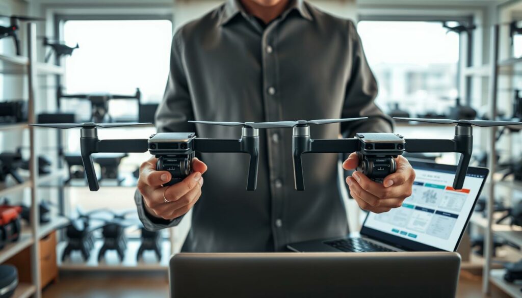 A close-up scene depicting a drone gimbal selection process in a modern workspace. In the foreground, a person in smart casual attire carefully examines two high-quality 3-axis gimbals, their sleek designs highlighted under bright, diffused lighting. The middle ground features an open laptop displaying comparison charts, with technical specifications about stabilization systems visible on the screen. Surrounding the workspace are shelves lined with various drones and gimbals, creating an organized yet dynamic atmosphere. In the background, large windows allow natural light to flood the room, casting soft shadows and enhancing the professional mood. The composition captures the tension and focus of decision-making in a high-tech environment, showcasing the importance of choosing the right gimbal for optimal drone performance. A close-up scene depicting a drone gimbal selection process in a modern workspace. In the foreground, a person in smart casual attire carefully examines two high-quality 3-axis gimbals, their sleek designs highlighted under bright, diffused lighting. The middle ground features an open laptop displaying comparison charts, with technical specifications about stabilization systems visible on the screen. Surrounding the workspace are shelves lined with various drones and gimbals, creating an organized yet dynamic atmosphere. In the background, large windows allow natural light to flood the room, casting soft shadows and enhancing the professional mood. The composition captures the tension and focus of decision-making in a high-tech environment, showcasing the importance of choosing the right gimbal for optimal drone performance.