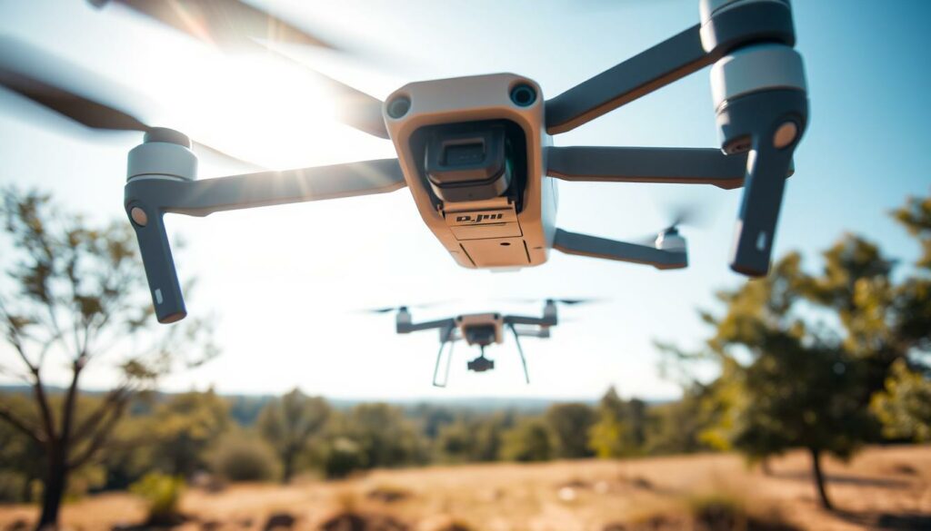 A close-up view of advanced drone obstacle avoidance sensors mounted on a sleek DJI Mini 3 Pro drone. The foreground showcases the sensors with intricate details, emphasizing their design and technology, such as sensitive lenses and ultrasonic emitters. In the middle ground, the drone is seen hovering smoothly, gracefully navigating an outdoor environment filled with trees and obstacles, highlighting its agility and precision. The background features a soft-focus landscape under a clear blue sky, enhancing the sense of flight. The image is illuminated by bright, natural sunlight, creating a vibrant atmosphere. The composition captures a dynamic angle, showcasing the drone's capabilities while conveying innovation and cutting-edge technology in aerial photography and safety systems.