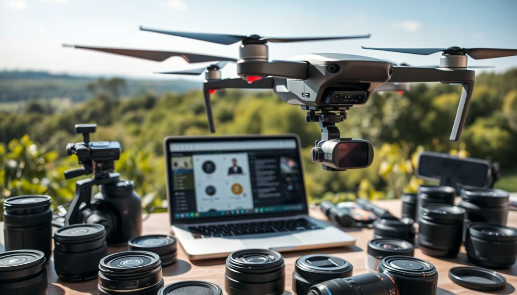 A detailed and organized workspace featuring an optimal drone camera setup for video and photo configuration. In the foreground, showcase a sleek drone with a high-quality camera mounted, displaying adjustable gimbal settings. The middle ground should include a laptop with open software displaying configuration settings, and a variety of lenses scattered around. The background features a serene outdoor landscape with lush greenery under a bright blue sky, illustrating an ideal shooting environment. Use soft, natural lighting to emphasize the equipment's details, casting soft shadows. The mood should be professional and focused, evoking a sense of meticulous preparation for capturing stunning visuals. No text or signatures are present in the image. A detailed and organized workspace featuring an optimal drone camera setup for video and photo configuration. In the foreground, showcase a sleek drone with a high-quality camera mounted, displaying adjustable gimbal settings. The middle ground should include a laptop with open software displaying configuration settings, and a variety of lenses scattered around. The background features a serene outdoor landscape with lush greenery under a bright blue sky, illustrating an ideal shooting environment. Use soft, natural lighting to emphasize the equipment's details, casting soft shadows. The mood should be professional and focused, evoking a sense of meticulous preparation for capturing stunning visuals. No text or signatures are present in the image.