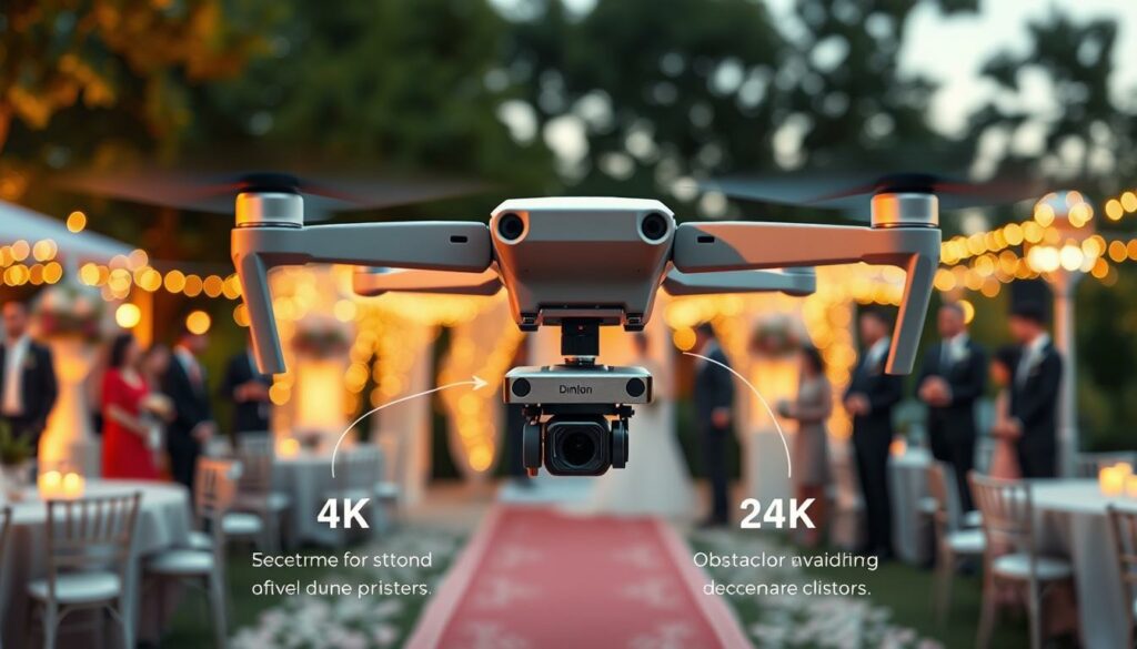 A detailed and visually appealing illustration showcasing essential drone features for wedding videography. In the foreground, display a high-quality drone with a gimbal camera, emphasizing features like 4K resolution and obstacle avoidance sensors. In the middle, include a serene outdoor wedding setting, with decorations like floral arrangements and elegant lighting to create a romantic atmosphere. In the background, softly blurred wedding guests in professional attire enjoying the celebration. The lighting should be warm and inviting, simulating golden hour to enhance the mood. Opt for a slightly elevated angle to capture the drone in action, flying above the event, emphasizing its role in creating stunning wedding memories. A detailed and visually appealing illustration showcasing essential drone features for wedding videography. In the foreground, display a high-quality drone with a gimbal camera, emphasizing features like 4K resolution and obstacle avoidance sensors. In the middle, include a serene outdoor wedding setting, with decorations like floral arrangements and elegant lighting to create a romantic atmosphere. In the background, softly blurred wedding guests in professional attire enjoying the celebration. The lighting should be warm and inviting, simulating golden hour to enhance the mood. Opt for a slightly elevated angle to capture the drone in action, flying above the event, emphasizing its role in creating stunning wedding memories.