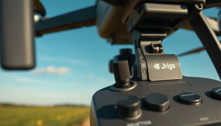 A detailed close-up of a drone control stick, showcasing various settings and buttons, intricately designed for aerial videography. The foreground features a high-resolution focus on the control stick, highlighting the toggles, joysticks, and dials, accented by a glossy finish. In the middle ground, an open field and blue sky serve as a subtle backdrop, hinting at an outdoor flying environment. Warm, natural lighting casts a soft glow on the controls, while shadows emphasize their textured surface. The composition captures an atmosphere of professionalism and safety, ideal for videographers preparing for responsible drone use. The angle is slightly tilted to enhance the dynamic perspective, immersing viewers in the world of drone operation.