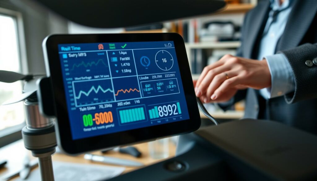 A detailed close-up of a drone's battery monitoring interface, displaying real-time performance metrics and voltage levels on a digital screen. In the foreground, showcase the vibrant screen filled with graphs and numbers, while a sleek drone is subtly visible, hinting at high-tech design. In the middle ground, include a pair of hands in professional business attire adjusting the connection to the battery, emphasizing a sense of careful monitoring. The background should be an organized workspace, with tools and equipment related to drone maintenance, softly lit for a clear, focused atmosphere. Use natural lighting to create a professional yet approachable mood, capturing the nuances of battery management in the context of video creation.