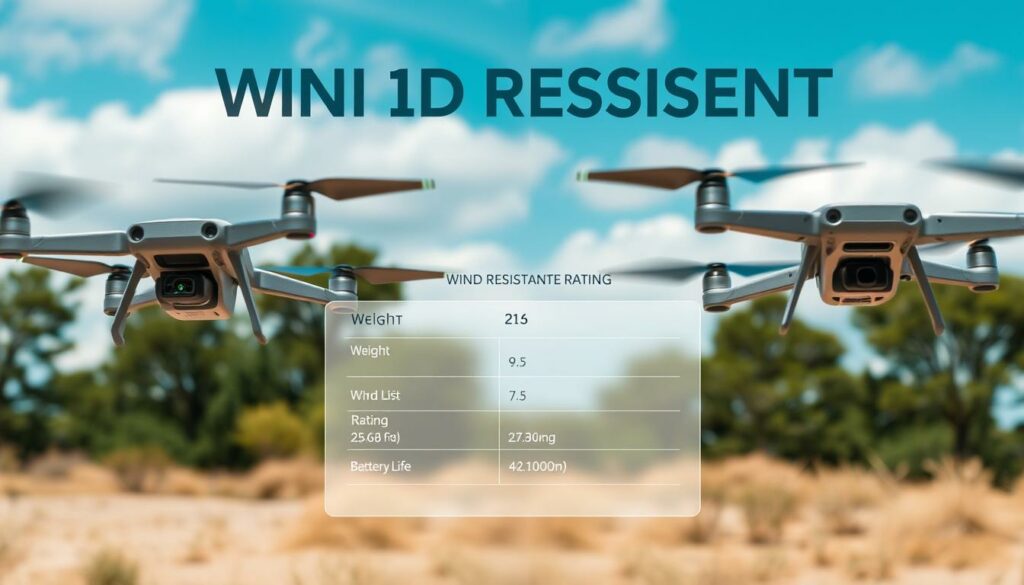 A detailed comparison of drone wind resistance specifications illustrated in an informative layout. In the foreground, two drones designed for different wind conditions hover steadily, showcasing distinct wing designs and build materials. In the middle ground, a sleek infographic displays specifications such as weight, wind resistance rating, and battery life, framed in a modern aesthetic. The background features a breezy, outdoor scene with trees swaying and clouds in motion, evoking a windy atmosphere. The lighting is bright and natural, emphasizing the drones while creating clear visibility of the infographic. The camera angle is slightly elevated to provide a comprehensive view of both the drones and their specifications, fostering a sense of analysis and professionalism. The overall mood is educational and engaging, inviting viewers to consider drone performance in challenging conditions.