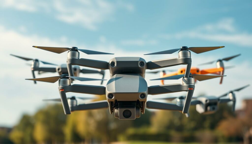 A detailed comparison of five DJI Mavic drone models, prominently featuring the Mavic 3 Pro at the center. In the foreground, show the Mavic 3 Pro in a sleek, aerodynamic design with its advanced camera system visible. Surround it with previous Mavic models like the Mavic Air 2 and Mavic Mini, each distinct in color and size, showcasing their unique features. The middle ground should display a blurred park landscape under soft, natural daylight, emphasizing a serene atmosphere conducive to drone flying. The background features a clear blue sky with wispy clouds, enhancing the feeling of flight. The image should have a professional, clean aesthetic, with an emphasis on clarity and detail to highlight the differences in design and technology.