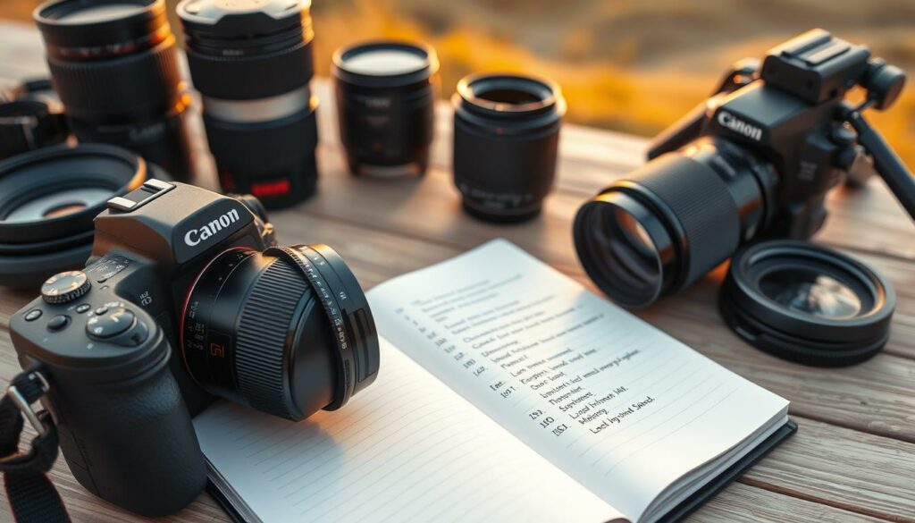 A detailed flat lay of camera gear and essential settings for photography, featuring a DSLR camera, a range of lenses (wide-angle, telephoto), a tripod, and a notebook with handwritten notes on aperture, shutter speed, and ISO. In the foreground, focus on a camera with a wide aperture lens attached, showcasing the dial settings prominently. The middle section displays an open notebook with clear, legible handwritten camera settings and tips. In the background, a softly blurred outdoor landscape representing a scene ideal for point of interest shots, illuminated by golden hour lighting for a warm, inviting atmosphere. The overall mood conveys a sense of preparation and creativity, ideal for mastering photography techniques.