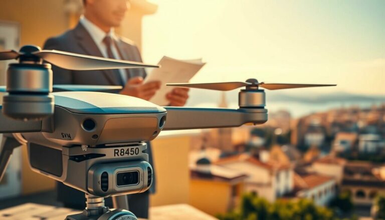 A detailed illustration of drone registration identification focused on a modern drone prominently displayed in the foreground, showcasing its sleek design and registration number clearly visible on its body. In the middle ground, a professional individual in business attire is examining the drone's documentation, symbolizing the concept of legal compliance. The background features a picturesque Spanish landscape, including a sunny sky and iconic architectural elements such as traditional Spanish buildings or a distant coastline. The scene is bathed in warm, natural sunlight, casting soft shadows and creating a vibrant atmosphere. Capture the essence of technology and regulation harmoniously, emphasizing safety and responsibility in drone usage.
