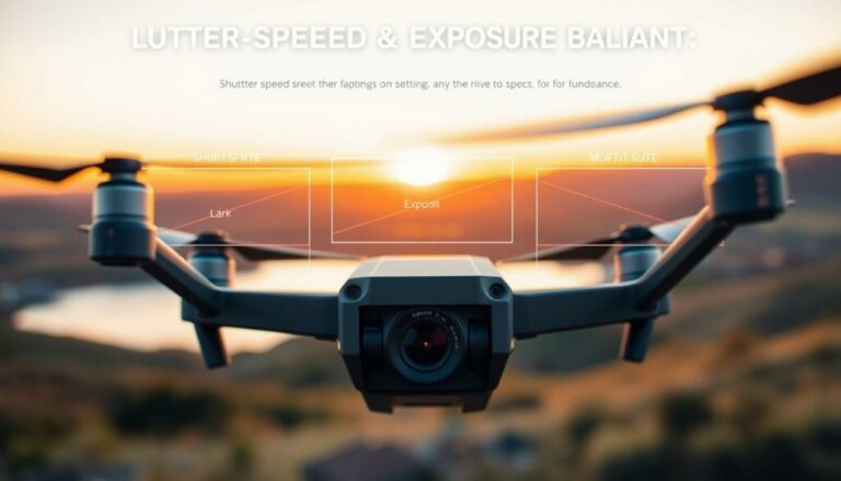 A detailed infographic showcasing "shutter speed exposure balance," with a drone camera in the foreground, set against a serene landscape during golden hour. The drone is equipped with a high-quality lens, capturing the vibrant sunset colors reflecting on water. In the middle ground, illustrated graphs demonstrate the correlation between shutter speed settings, exposure levels, and the resulting image quality, using sleek lines and contrasting colors for clarity. The background features a soft-focus view of rolling hills and a clear sky. The overall mood is educational and inspiring, emphasizing the importance of mastering camera settings for stunning visuals. Soft, natural lighting illuminates the scene, creating a professional yet approachable atmosphere.