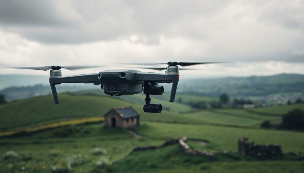 A drone equipped with high-performance cameras flies over a lush, green British landscape under a moody, overcast sky typical of British weather. In the foreground, a sleek, modern drone hovers silently, its propellers gently whirring, creating a sense of motion. The middle ground features rolling hills dotted with patches of wildflowers and an ancient stone cottage. In the background, a faint silhouette of a rain-soaked town can be seen, emphasizing the challenging weather conditions. Soft, diffused lighting filters through the clouds, casting gentle shadows. The overall atmosphere conveys both innovation and the unpredictable nature of British weather, focusing on the importance of optimizing drone flight time. The image should be captured with a wide-angle lens to highlight the drone's capabilities in the expansive landscape.
