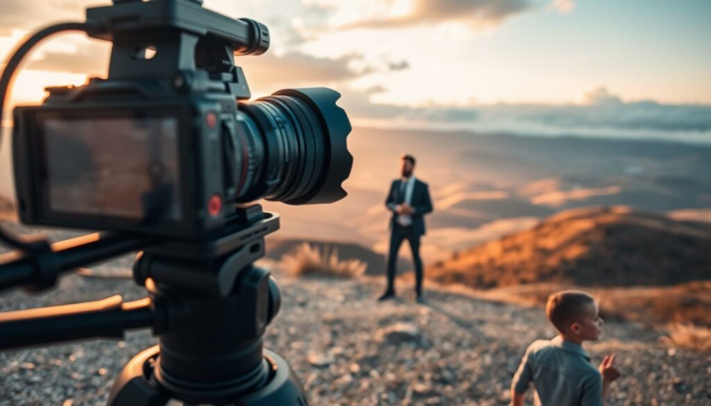 A dynamic photography scene illustrating the concept of orbiting camera techniques. In the foreground, a high-end camera on a tripod captures the shot, showcasing the lens and stabilizing equipment. The middle ground features a subject, a professional in business attire, standing confidently as the focus point, surrounded by a softly blurred environment. In the background, vivid natural landscapes unfold, with rolling hills and dramatic skies, accentuated by golden hour lighting casting warm tones. The camera angle is slightly low to emphasize the subject while creating a sense of depth in the composition. The mood is energetic and inspiring, highlighting the artistry of filmmaking while clearly illustrating the orbiting technique.