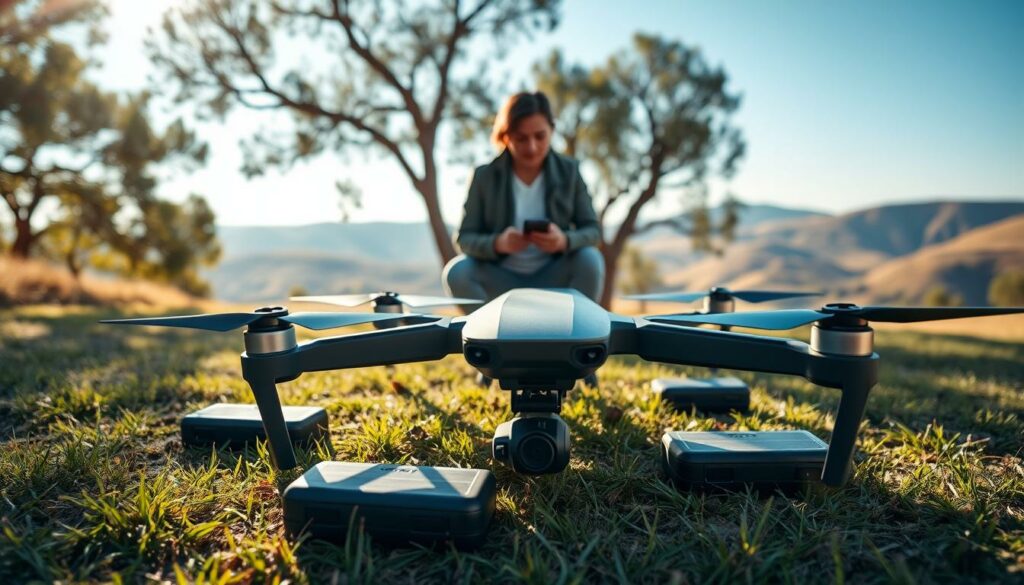 A dynamic scene showcasing innovative drone power solutions for vlogging. In the foreground, a modern drone equipped with sleek, advanced solar panels and high-capacity battery packs rests on a grassy surface, surrounded by portable charging blocks. The middle ground features a vlogger examining the drone, dressed in a casual yet professional outfit. Soft sunlight filters through the trees, creating dappled light patterns, enhancing the atmosphere of an outdoor setting. In the background, rolling hills and a clear blue sky suggest vast landscapes ideal for drone exploration. The overall mood is energizing and optimistic, emphasizing the theme of extended flight time and cutting-edge technology. High-resolution details and natural lighting create an immersive visual appeal.