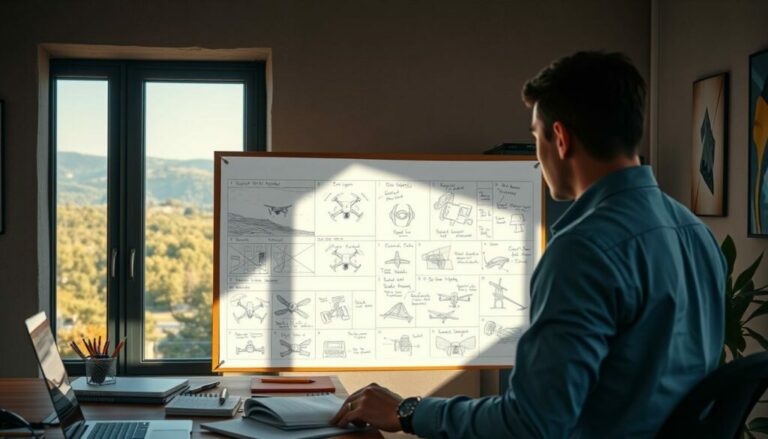 A dynamic workspace scene showcasing a filmmaker carefully planning drone shots using a large storyboard pinned to the wall. In the foreground, a focused individual dressed in professional attire studies the storyboard, surrounded by notebooks, pencils, and a laptop. The middle layer features detailed sketches and annotations on the storyboard, depicting various aerial scenes, angles, and framing ideas. In the background, there’s a window revealing a vibrant outdoor landscape, illuminated by soft natural light, casting shadows across the room. The atmosphere is collaborative and creative, with a sense of preparation and strategic planning evident in the air. The framing should emphasize the storyboard and planning process, highlighting the art of cinematic storytelling through drones.