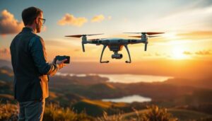A professional drone operator in business attire stands on a scenic hilltop, skillfully maneuvering a drone equipped with a high-quality camera, capturing breathtaking aerial footage. In the foreground, you can see the drone hovering, with a clear view of its propellers and camera. The middle ground showcases rolling green hills and a sparkling lake, reflecting the vibrant colors of a sunset. In the background, soft clouds drift lazily across a stunning sky painted in shades of orange, pink, and purple. The scene is illuminated by golden hour lighting, casting warm shadows that enhance the tranquil atmosphere. A sense of creativity and technical skill is conveyed, focusing on the essential tips for sound design linked to aerial shots.