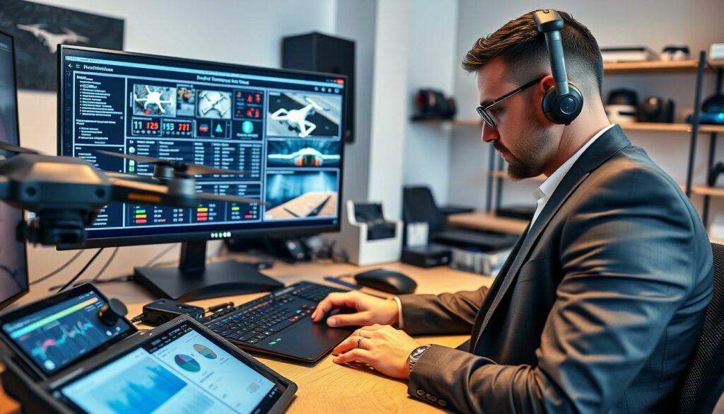 A professional drone operator wearing a sleek, modern business outfit is seated at a high-tech workstation, focusing on a complex display screen showing drone transmission settings. In the foreground, we see detailed controls, a tablet with graphs, and a laptop connected to the drone. The middle ground features a high-resolution monitor showcasing live streaming analytics and drone feed footage. The background reveals a well-organized workspace with shelves of drone accessories and gadgets. Soft, ambient lighting illuminates the scene, casting focused light on the operator and equipment to enhance the atmosphere of innovation and expertise. The image captures a sense of professionalism, technical sophistication, and an engaging live streaming setup ready for action.
