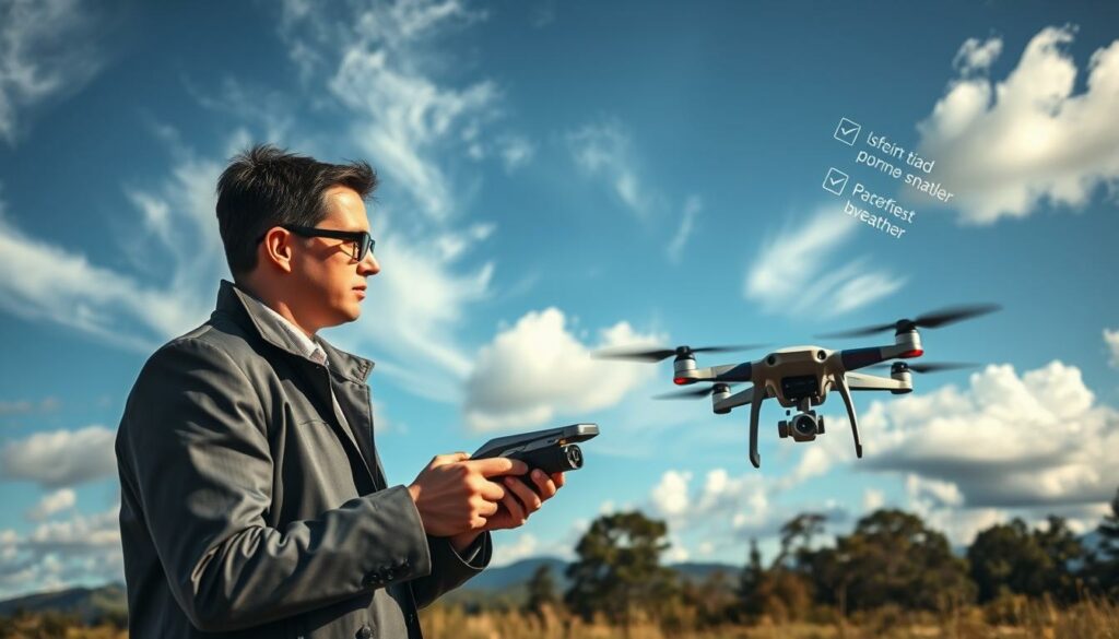 A scenic outdoor setting depicting a drone pilot preparing to fly in windy conditions. In the foreground, a focused individual in professional business attire is holding a drone, wearing a windbreaker. The middle ground features the drone hovering steadily, demonstrating its stability despite the gusty surroundings. The background showcases a picturesque landscape, with trees swaying and clouds billowing in a clear blue sky, highlighting the windy conditions. Natural sunlight casts dynamic shadows, enhancing the energy of the scene. The mood conveys a sense of caution and preparedness, emphasizing safety with visual cues like a checklist of tips creatively illustrated around the pilot. The angle captures both the pilot's concentration and the beauty of nature, aiming to inspire responsible drone flying in challenging weather.