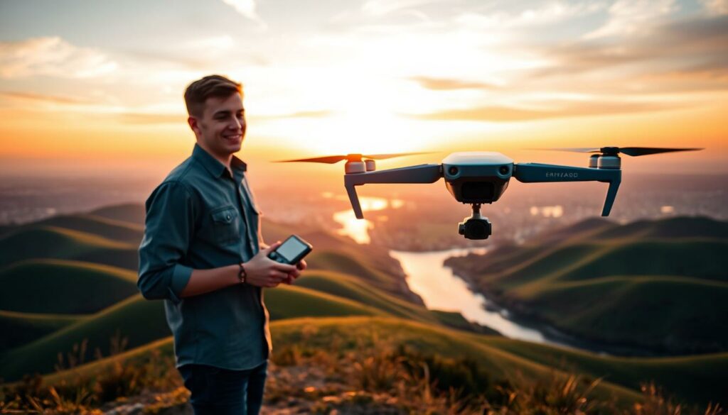 A scenic view of a serene landscape during golden hour, showcasing a personal drone in flight. In the foreground, a young adult male with short hair, wearing a casual yet professional shirt, stands on a hilltop, joyfully piloting the drone with a remote control. The drone features a sleek design with propellers spinning elegantly. In the middle ground, green rolling hills extend towards a sparkling river, reflecting the warm sunlight. The background reveals a vibrant sunset sky with hues of orange, pink, and purple, casting a soft glow over the entire scene. The atmosphere is exhilarating and peaceful, highlighting the excitement of personal drone flight for vlogging. The image should evoke a sense of adventure and creativity, emphasizing the connection between the pilot and the drone.