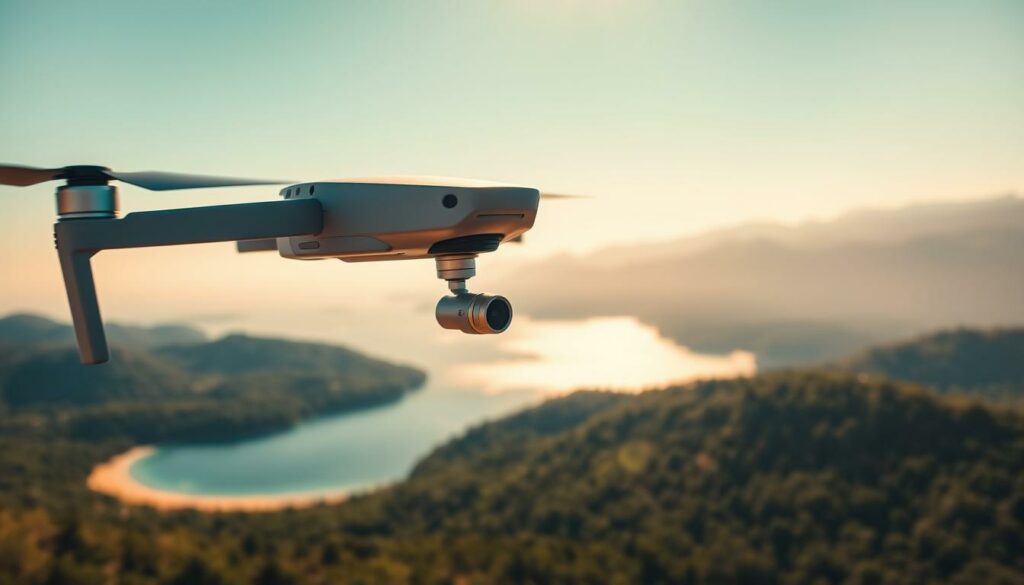 A serene aerial scene showcasing a drone hovering above a picturesque landscape, capturing the beauty of rolling hills and a shimmering lake below. In the foreground, a sleek drone with intricate details glints in the sunlight, reflecting the rich blue of the sky. The middle ground features a vibrant, lush forest and a clear sandy beach, while the background reveals distant mountains softly shrouded in mist, adding depth to the composition. The lighting is warm and golden, suggesting either dawn or dusk, creating a tranquil and inspiring atmosphere. The scene is devoid of any text or watermarks, evoking a sense of creativity and possibility, perfect for exploring the integration of music into visual storytelling.
