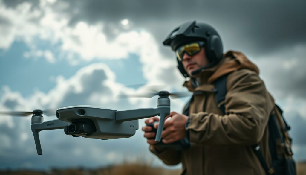A skilled drone pilot expertly navigating a drone in windy conditions, depicted in a dynamic moment of flight. In the foreground, the drone is in focus, showcasing its sleek design with rotors visibly spinning against a backdrop of rapidly moving clouds. The middle ground features the pilot, dressed in professional outdoor gear, concentrating and adjusting controls, embodying a sense of focus and expertise. The background captures a dramatic sky with hints of dark clouds and occasional sunlight breaking through, illuminating the scene with a tumultuous yet adventurous atmosphere. The composition should suggest motion, highlighting the challenge of flying in high winds, and the overall mood should convey a blend of tension and mastery, emphasizing the importance of adapting flight techniques.
