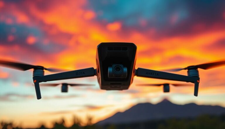 A sleek DJI Avata 2 drone hovering majestically against a dramatic sunset sky, with vibrant hues of orange, pink, and purple illuminating the clouds. In the foreground, capture the drone in sharp focus, showcasing its modern design and features, while soft bokeh of a lush, green landscape surrounds it. The camera angle is slightly low, emphasizing the drone's sleek profile and propellers while creating a dynamic perspective. In the background, a silhouette of a distant mountain range adds depth and a sense of adventure. The atmosphere is cinematic and inspiring, evoking a sense of exploration for filmmakers and enthusiasts alike. The overall lighting is warm and inviting, reflecting the excitement of using the DJI Avata 2 for cinematic content creation.