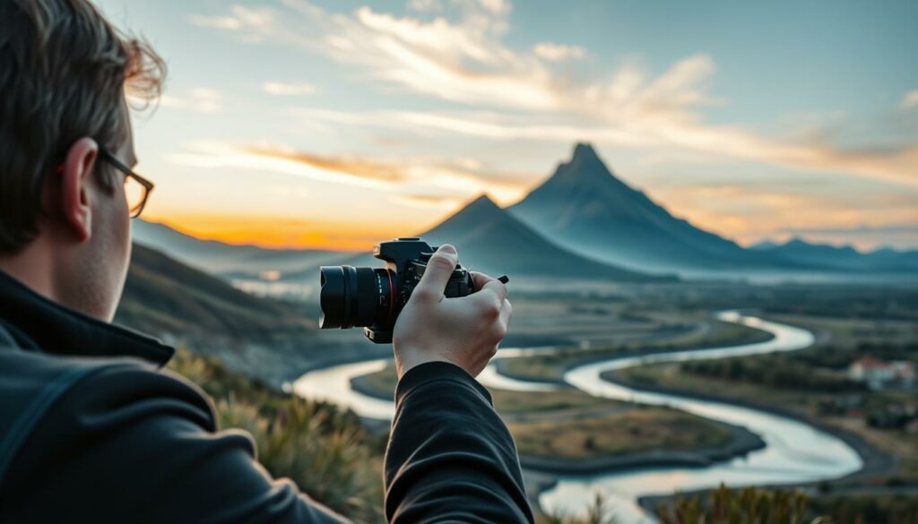 A stunning scene illustrating composition principles in photography, featuring a professional photographer in smart casual attire, focusing intently on a vibrant landscape. In the foreground, a well-composed shot showcases the photographer's camera set up at an artistic angle, reflecting the rule of thirds. The middle ground reveals a striking point of interest—a majestic mountain peak—perfectly framed, with a smooth, winding river leading the viewer's eye towards it. In the background, the sky is painted with warm sunset colors, adding a serene atmosphere. Soft, natural lighting enhances the textures of the landscape, while a slightly blurred foreground creates depth, emphasizing the importance of framing techniques. The overall mood is one of tranquility and inspiration for aspiring photographers.