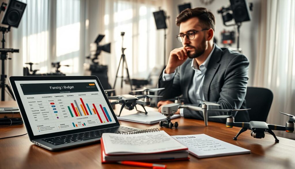 A visually striking workspace showcasing budget considerations for drone cameras used in music video production. In the foreground, an open laptop displays a sleek spreadsheet with budget allocations, while colorful charts depict cost versus quality comparisons. A professional in business attire sits at the desk, analyzing the data with a thoughtful expression. The middle layer features various drone models, some placed on the desk, highlighting their features, alongside a notepad filled with ideas for creative techniques. In the background, a softly lit room adorned with music video equipment creates an inspiring atmosphere. Natural light flows in through a window, casting gentle shadows, enhancing focus on the budgeting theme, and emphasizing a mood of creativity and professionalism. A visually striking workspace showcasing budget considerations for drone cameras used in music video production. In the foreground, an open laptop displays a sleek spreadsheet with budget allocations, while colorful charts depict cost versus quality comparisons. A professional in business attire sits at the desk, analyzing the data with a thoughtful expression. The middle layer features various drone models, some placed on the desk, highlighting their features, alongside a notepad filled with ideas for creative techniques. In the background, a softly lit room adorned with music video equipment creates an inspiring atmosphere. Natural light flows in through a window, casting gentle shadows, enhancing focus on the budgeting theme, and emphasizing a mood of creativity and professionalism.