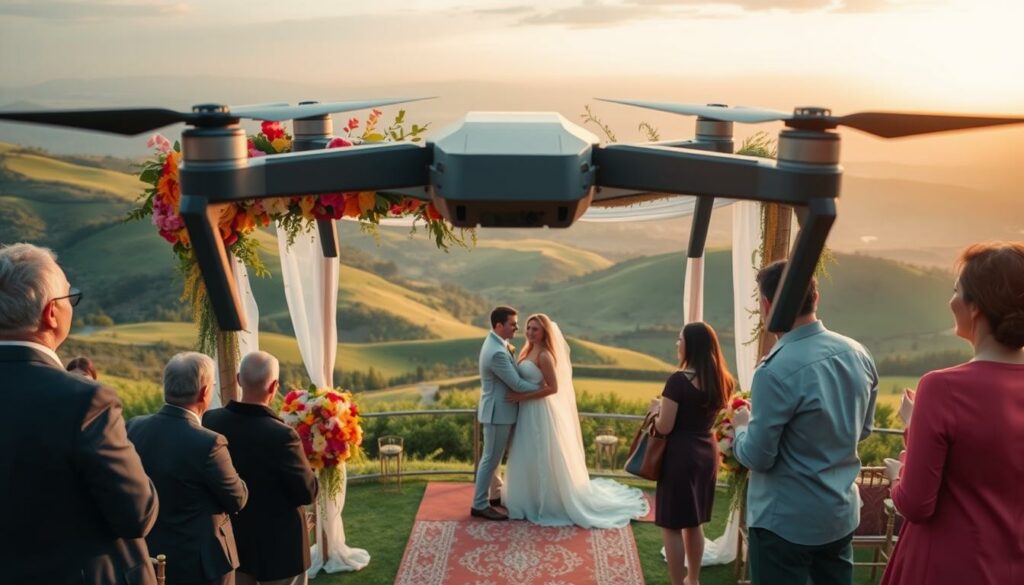 Aerial view of a scenic wedding venue nestled in a lush green landscape, captured from dynamic drone angles. In the foreground, a beautifully decorated wedding arch with vibrant flowers, attended by guests elegantly dressed in professional attire and modest casual clothing. In the middle, a bridal couple framed against the backdrop, smiling joyfully as they share a moment. The background features rolling hills under a golden sunset sky, creating a warm and romantic atmosphere. Soft, diffused lighting enhances the colors of the scene, while the drone captures the angle from slightly above, emphasizing the artistic perspective. This composition reflects creativity in drone storytelling, showcasing unique viewpoints that elevate the experience of travel and weddings. Aerial view of a scenic wedding venue nestled in a lush green landscape, captured from dynamic drone angles. In the foreground, a beautifully decorated wedding arch with vibrant flowers, attended by guests elegantly dressed in professional attire and modest casual clothing. In the middle, a bridal couple framed against the backdrop, smiling joyfully as they share a moment. The background features rolling hills under a golden sunset sky, creating a warm and romantic atmosphere. Soft, diffused lighting enhances the colors of the scene, while the drone captures the angle from slightly above, emphasizing the artistic perspective. This composition reflects creativity in drone storytelling, showcasing unique viewpoints that elevate the experience of travel and weddings.