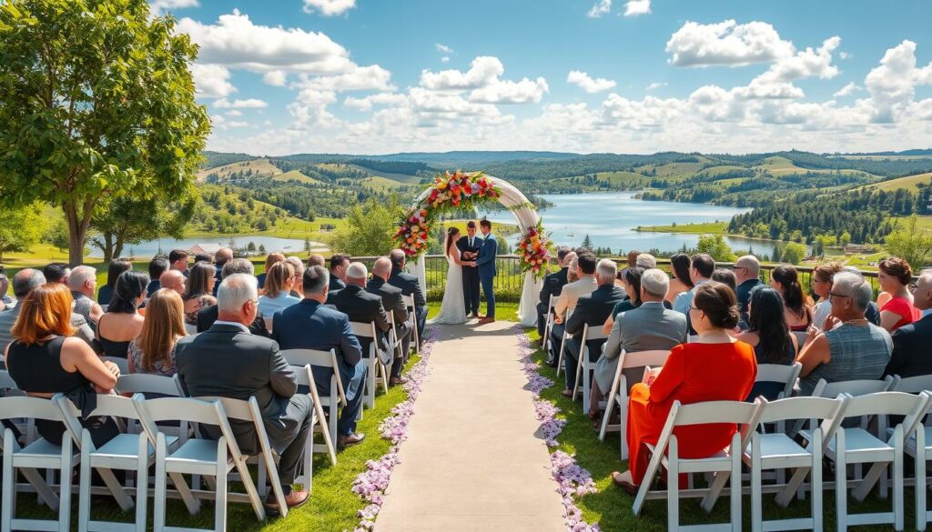 Aerial view of an outdoor wedding ceremony, featuring elegantly dressed guests in professional attire seated on white folding chairs arranged in a semi-circle around a beautifully decorated altar beneath a floral arch. The middle ground showcases a happy couple exchanging vows, surrounded by lush greenery and colorful floral arrangements that enhance the romantic atmosphere. In the background, a picturesque landscape with rolling hills and a serene lake reflects a bright blue sky dotted with fluffy clouds, casting soft natural light over the scene. The composition should capture the essence of joy and celebration, emphasizing the intimate moment from an elevated perspective, creating a sense of connection and emotion, with vibrant colors that convey a warm and festive mood. Aerial view of an outdoor wedding ceremony, featuring elegantly dressed guests in professional attire seated on white folding chairs arranged in a semi-circle around a beautifully decorated altar beneath a floral arch. The middle ground showcases a happy couple exchanging vows, surrounded by lush greenery and colorful floral arrangements that enhance the romantic atmosphere. In the background, a picturesque landscape with rolling hills and a serene lake reflects a bright blue sky dotted with fluffy clouds, casting soft natural light over the scene. The composition should capture the essence of joy and celebration, emphasizing the intimate moment from an elevated perspective, creating a sense of connection and emotion, with vibrant colors that convey a warm and festive mood.