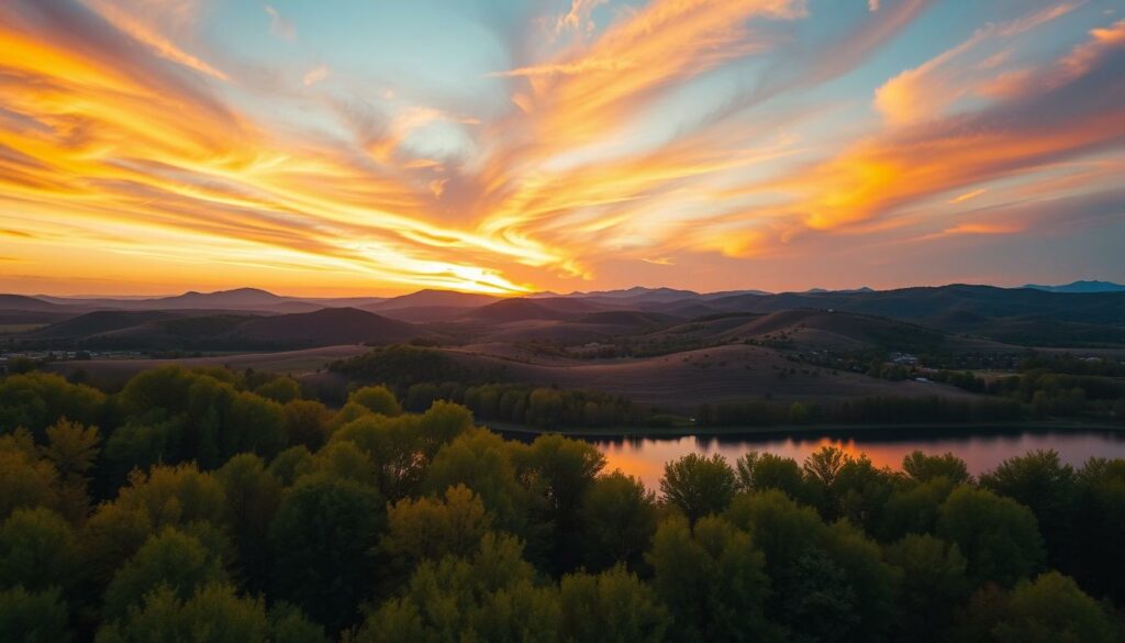 An aerial scene showcasing advanced colour grading techniques in drone footage editing. In the foreground, vibrant green trees and a calm blue lake, reflecting the sky, are beautifully enhanced with rich hues. The middle ground features rolling hills, where the sunlight casts soft golden tones, highlighting the textures of the landscape. In the background, a dramatic sunset sky filled with dynamic oranges and purples swirls above, adding depth and contrast. The composition is captured from a bird's-eye view, using a wide-angle lens to emphasize the vastness of the scene. The overall mood is serene yet visually striking, illustrating the transformative power of skilled colour grading on outdoor aerial shots. The lighting is warm, enhancing the colours and making the scene inviting and captivating.